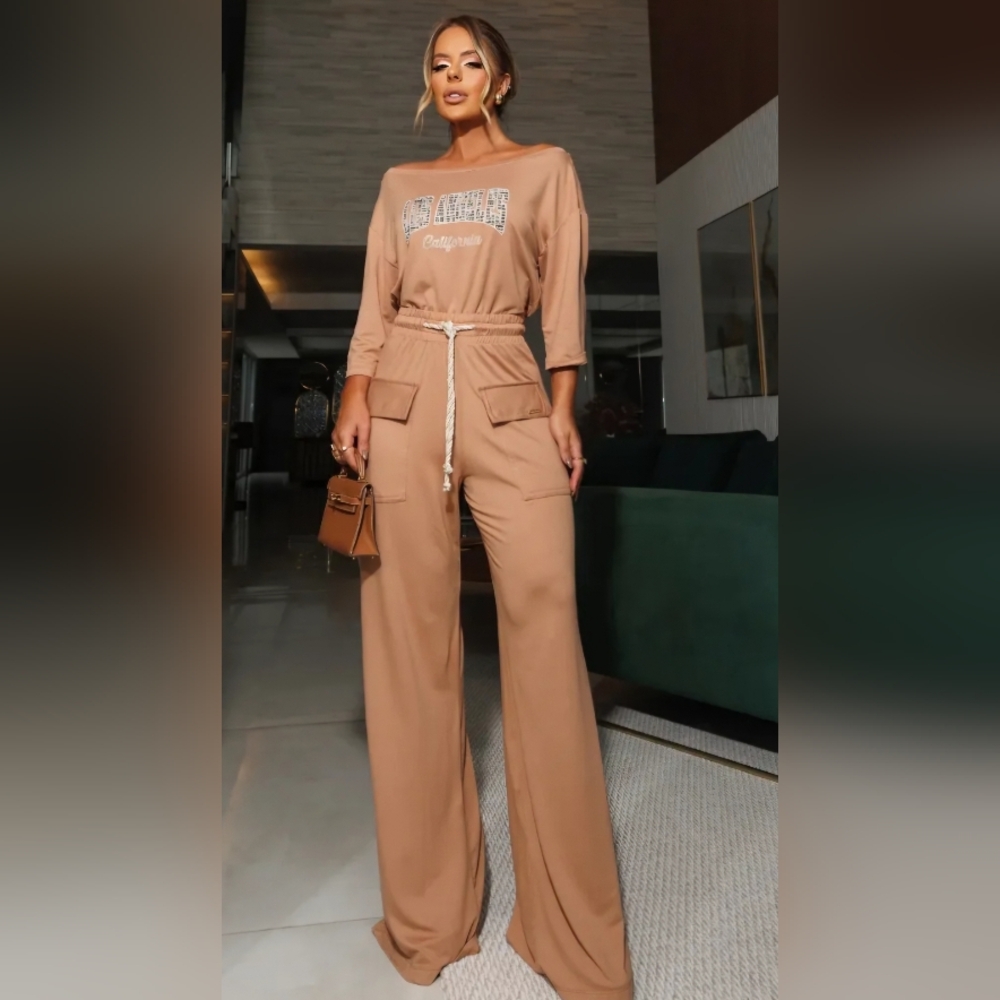 Elegant Tan Wide Leg Jumpsuit